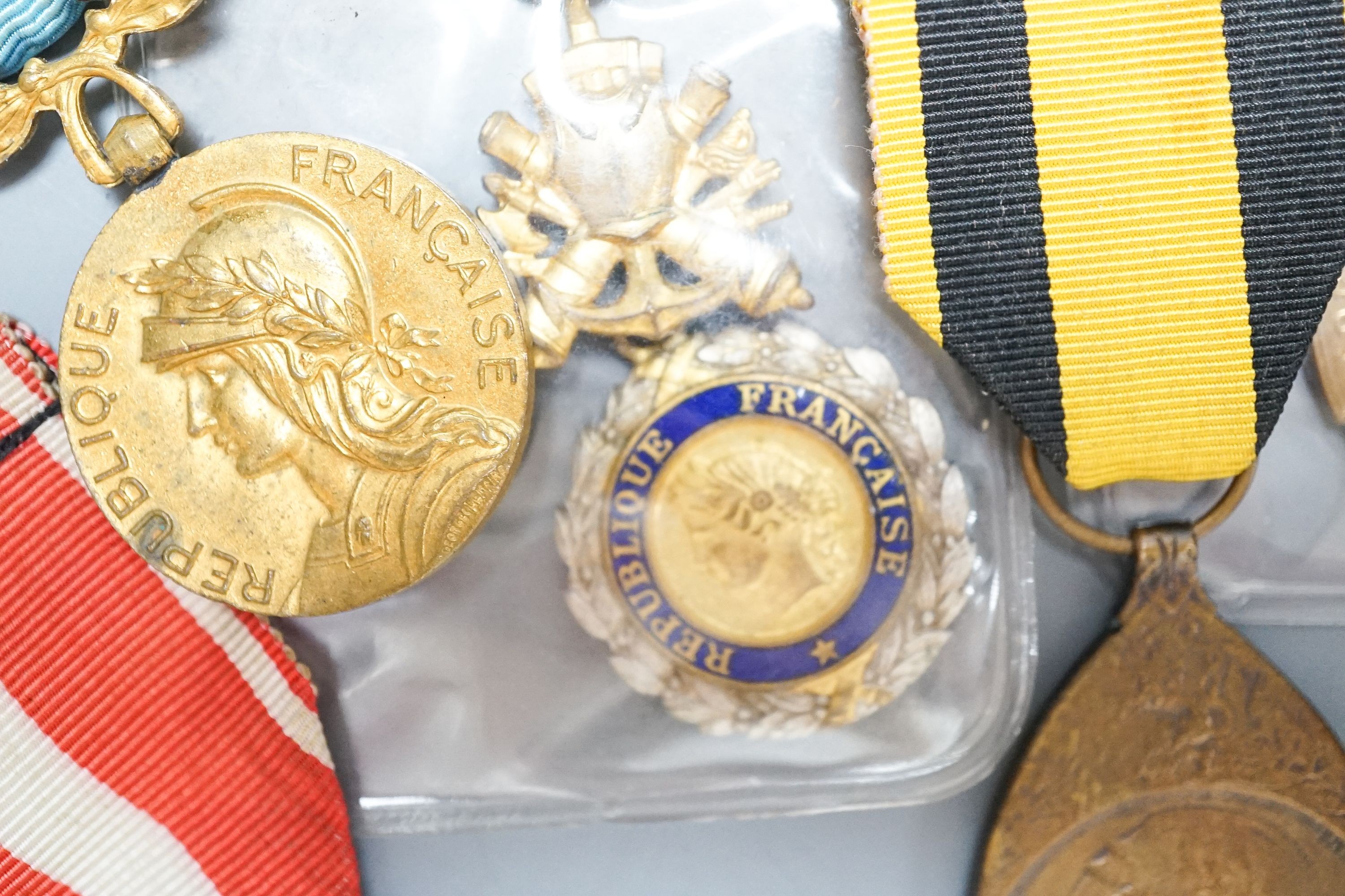 France and Belgium medals and orders - French Medaille Militaire, Croix du Combattant, Services Militaires Volontaires, Algerie commemorative medaille, two miniatures and a Belgian WWI commemorative medaille and Queen to